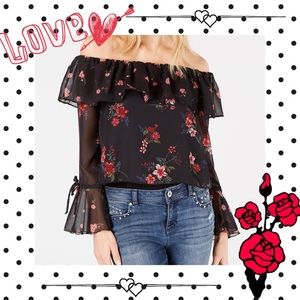Juniors' Printed Off-The-Shoulder Ruffle Blouse